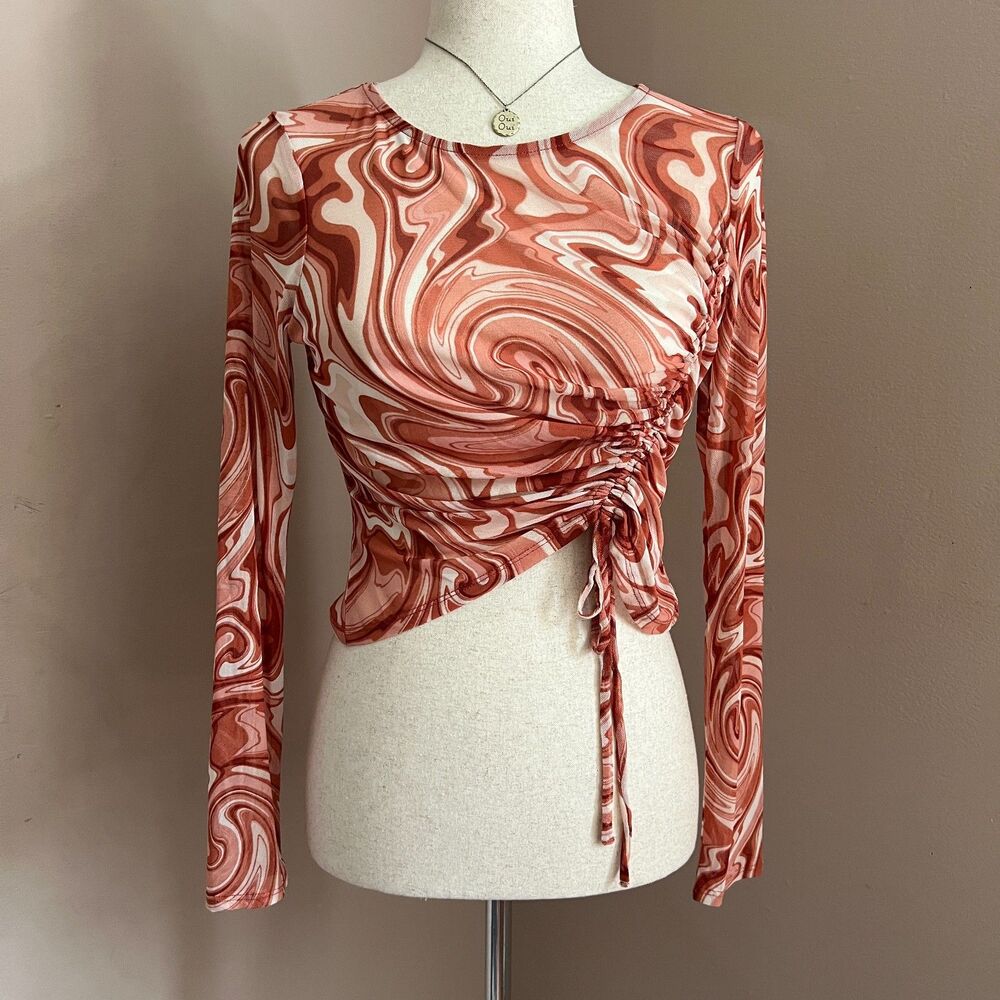 Meraki Pink Swirl Mesh Ruched Long Sleeve Crop Top‎ Retro Y2K Whimsical Indie M